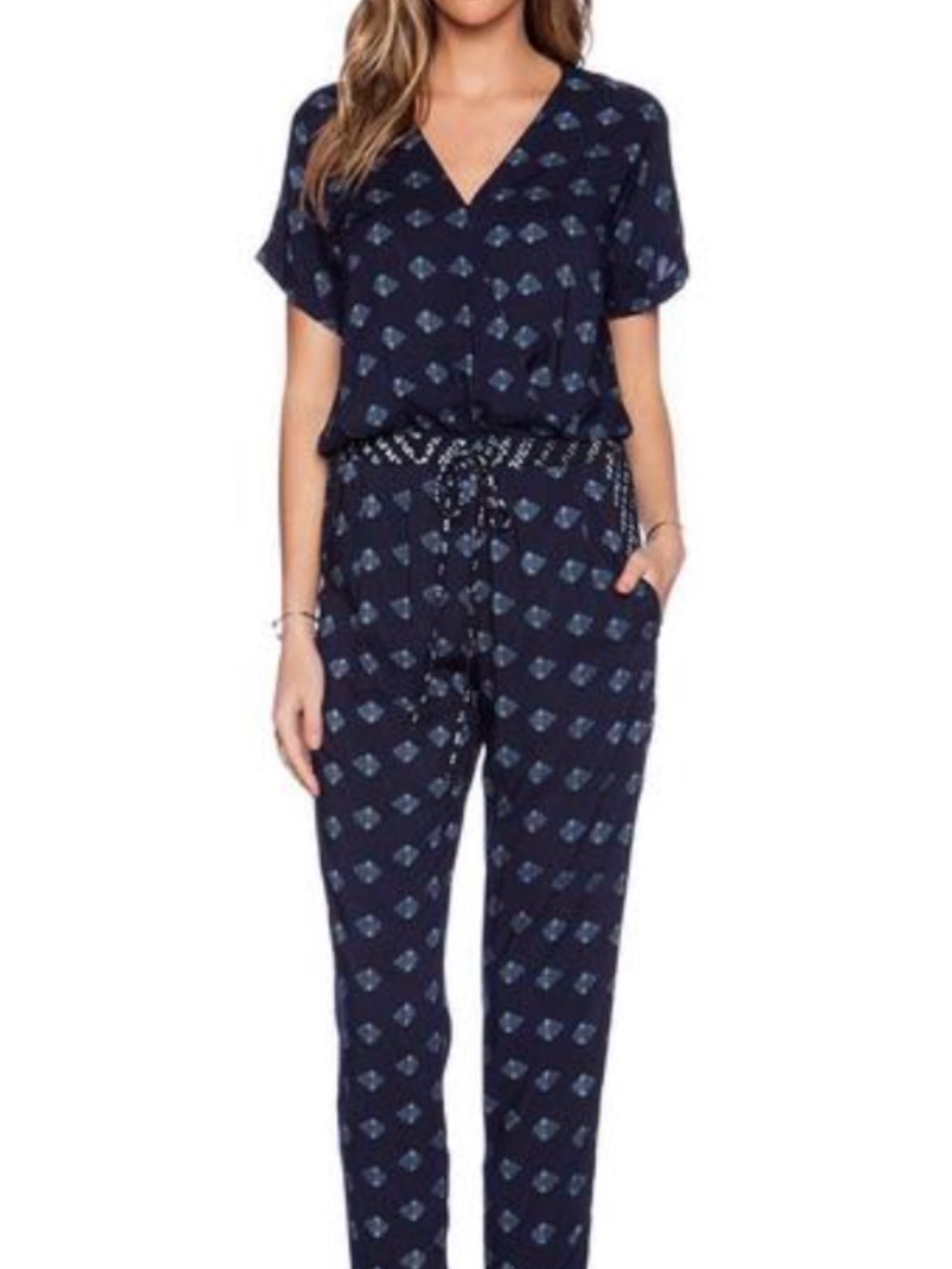 Velvet by Graham and Spencer Navy Printed Jumpsuit with Tie Waist